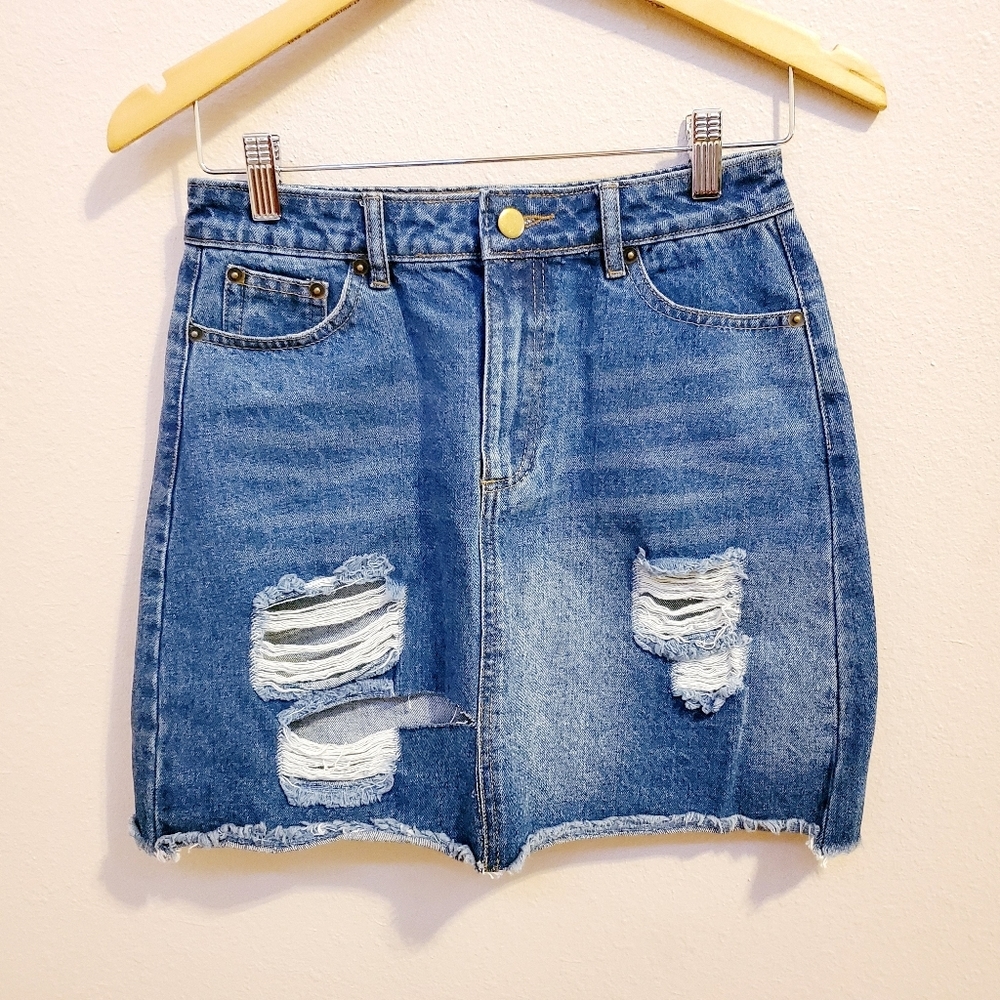 etophe studios distressed button zip  raw hem jean mini skirt